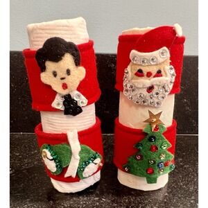 Vtg Felt Christmas Napkin Ring Holders Handmade Set Of 4 Red Sequined Holiday